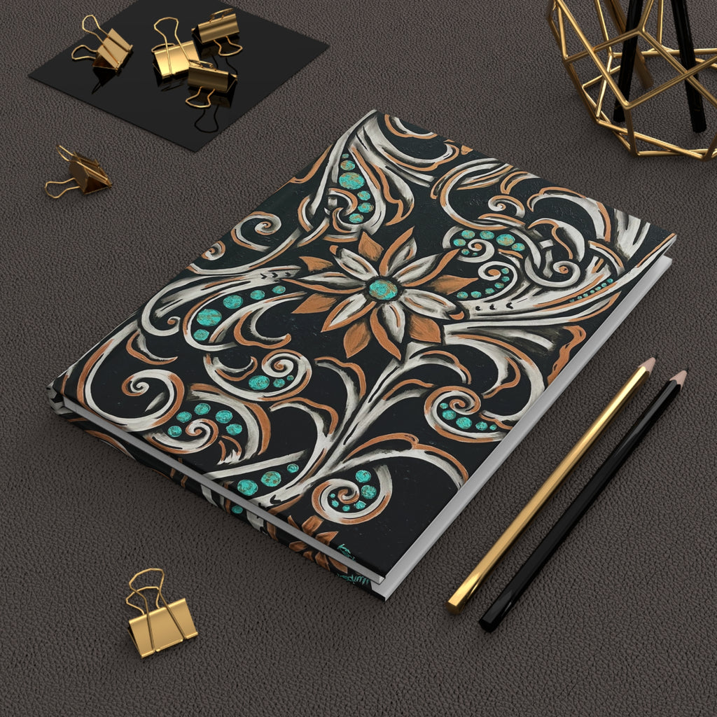 Turquoise Filigree Hardcover Journal — Ornate Floral Swirl Pattern (Matte)