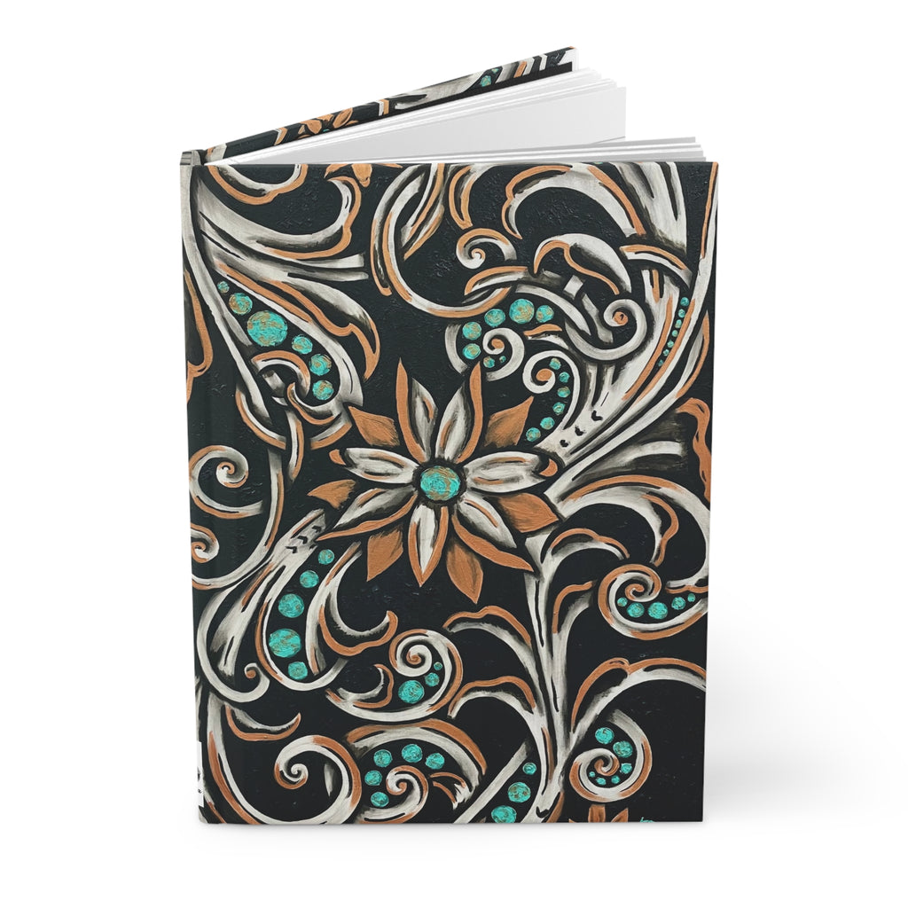 Turquoise Filigree Hardcover Journal — Ornate Floral Swirl Pattern (Matte)
