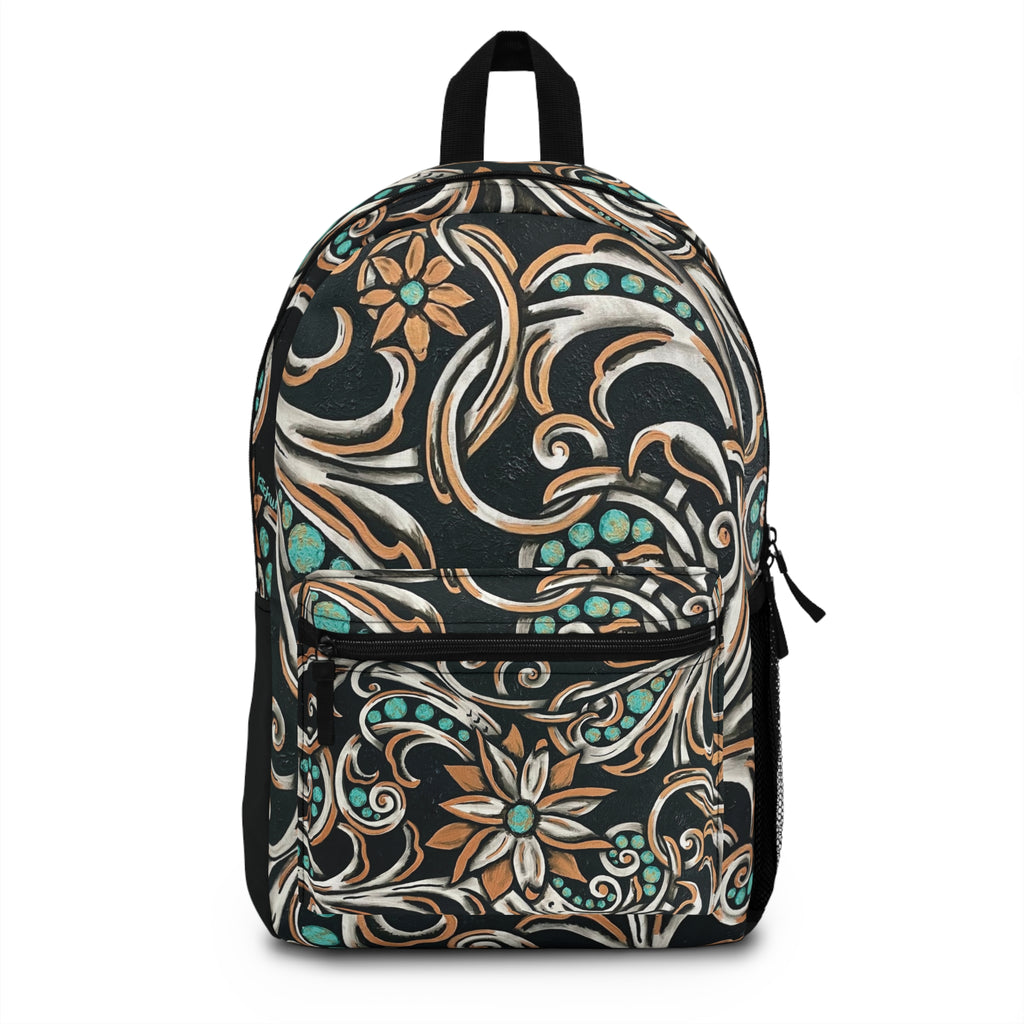 Turquoise Filigree Backpack — Teal & Tan Boho Pattern Daypack