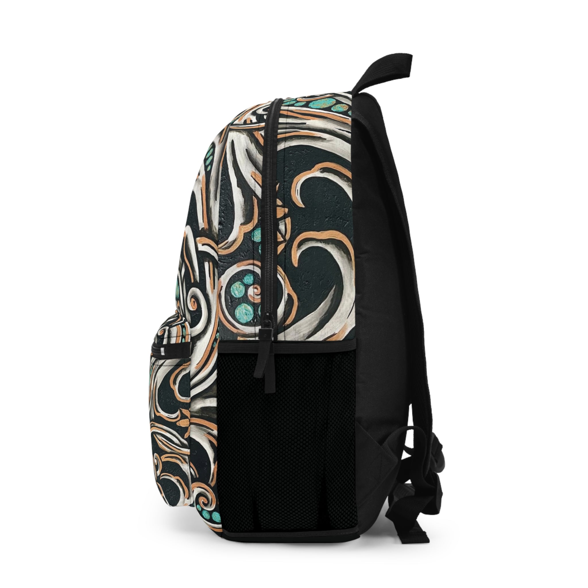 Turquoise Filigree Backpack — Teal & Tan Boho Pattern Daypack
