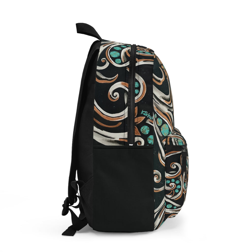 Turquoise Filigree Backpack — Teal & Tan Boho Pattern Daypack