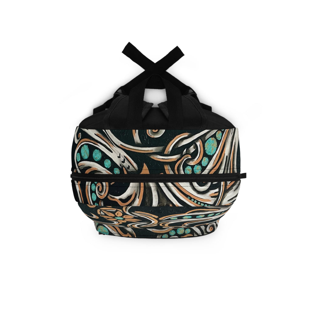 Turquoise Filigree Backpack — Teal & Tan Boho Pattern Daypack